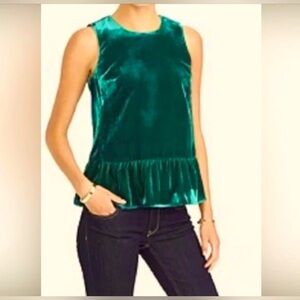 J CREW WOMEN PARTY VELVET EMERALD GREEN SLEEVES PEMPLEM RUFFELD HEM SIZE 6